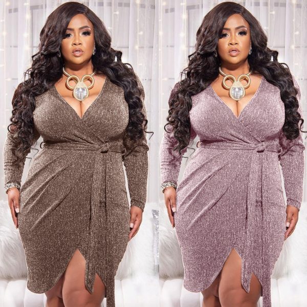 Plus Size Deep V Plunge Plunge Long Sleeve Dress Women Bright Silk Lace-up Sheath Sexy Mini Dress