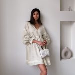 Women Clothing Summer Cotton Linen French Dress Office V neck Lantern Sleeve Loose Dress