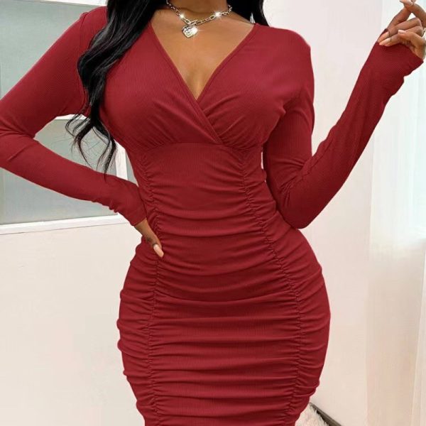 Sweet Sexy Women Clothing Direct Knitted Solid Color Slim Fit Pleating Sheath Dress