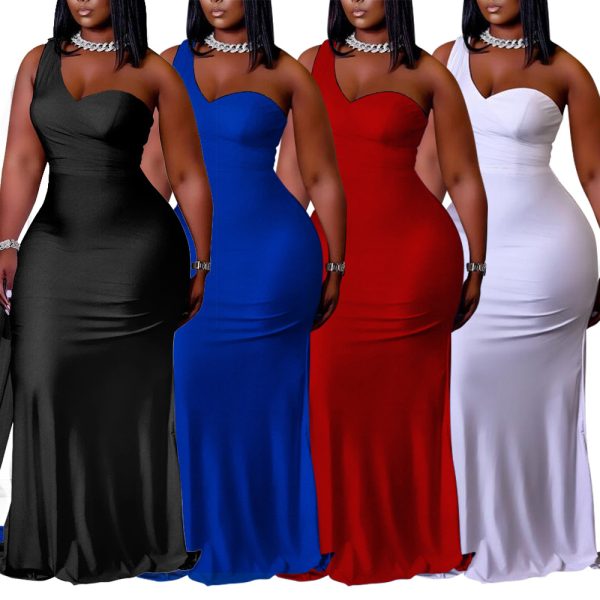 Plus Size Solid Color Evening Dress Sheath Long Slim Dress for Women