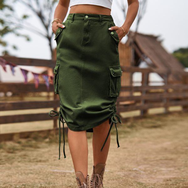 Women Clothing Denim Lace Up Skirt Casual Mid Length Skirt