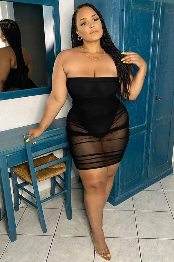 Plus Size Sexy  Big Brand Sheer Mesh Tight Slim Dress Dress