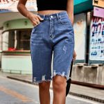 Denim With Hole Fifth Pants Fashionable Frayed Hem Tasseled Jeans Women