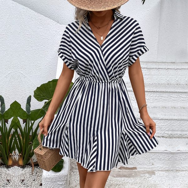 Summer Dress Polo Collar Stripes Shirt Dress