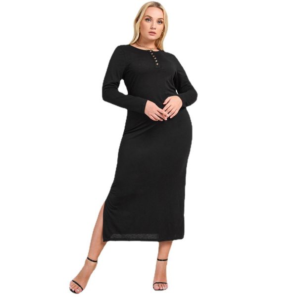 Plus Size Women  Clothing New Long Sleeve Split Knitted V-neck Sexy Slim Dress