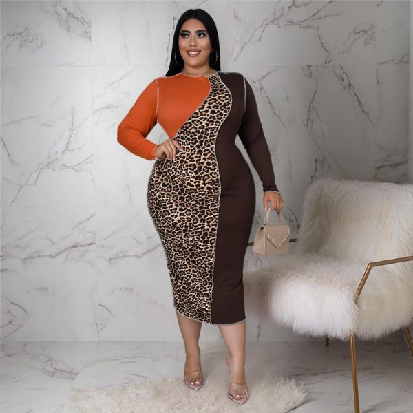 Plus Size Fashion  Women  Nightclub Uniforms Reverse Car Side Leopard Splicing Contrasting-Color Dress