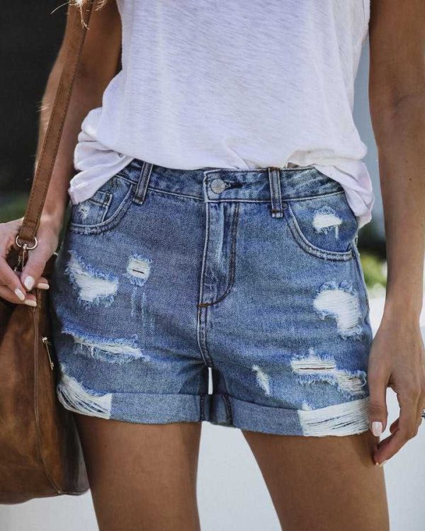 Women Clothing Curling Ripped Classic Ripped Denim Shorts Summer