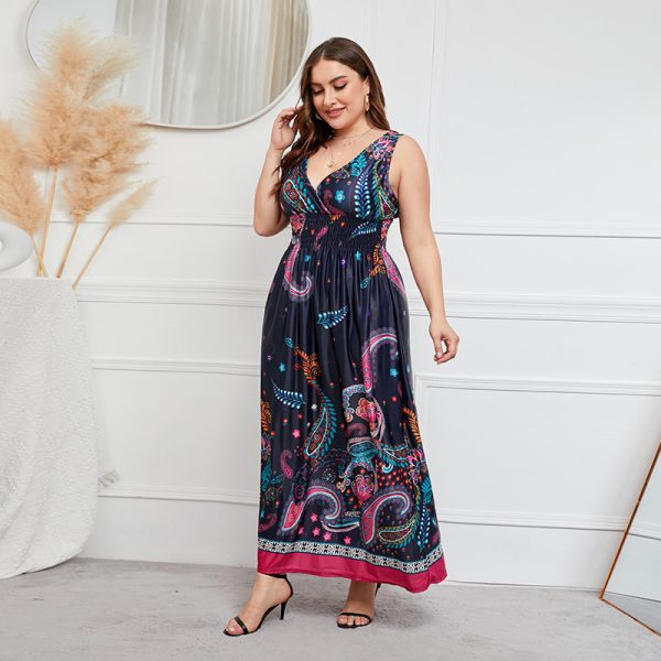 Plus Size Dress Deep V-neck Elastic Waist Girls Cinched Slimming Maxi Dress