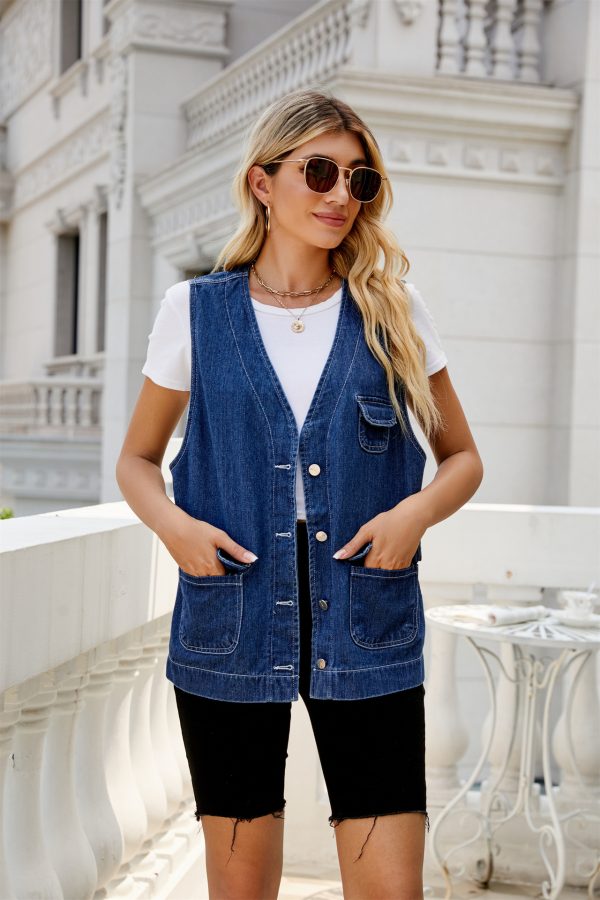 Denim Waistcoat Vest Multi Pocket Personalized Spring Autumn Washed Waistcoat Women