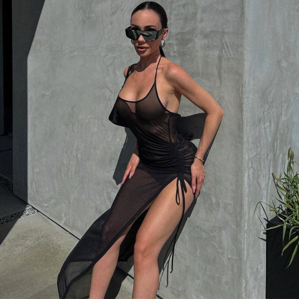 Women  Clothing Summer Mesh Sexy See through Slit Slim Fitting Dress