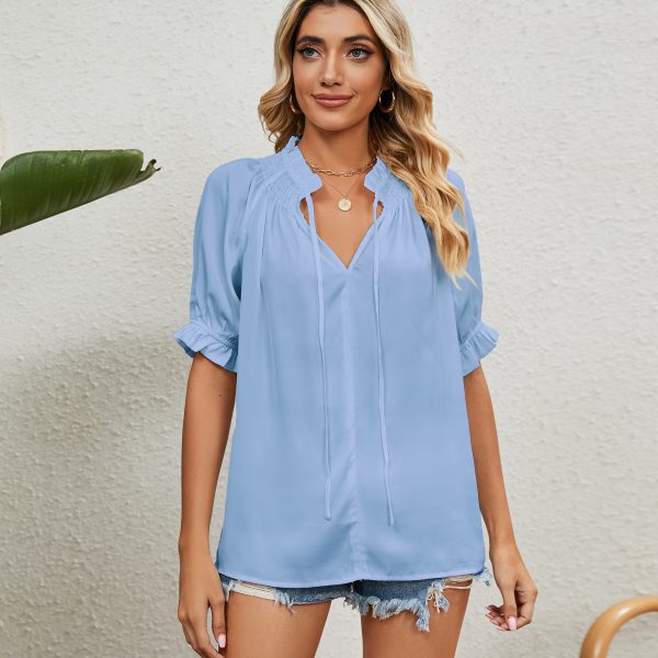 Lace Up Princess Sleeves Pleating Chiffon Blouses Women