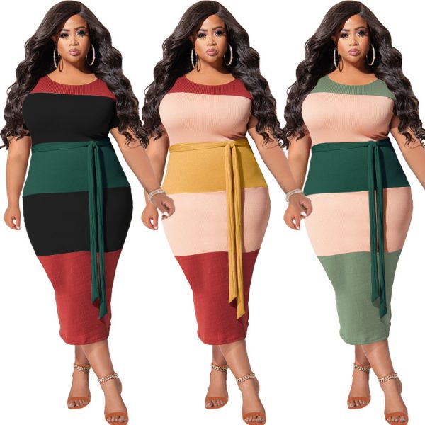 Plus Size Thread Stitching Contrast Color Tight  Women Dress