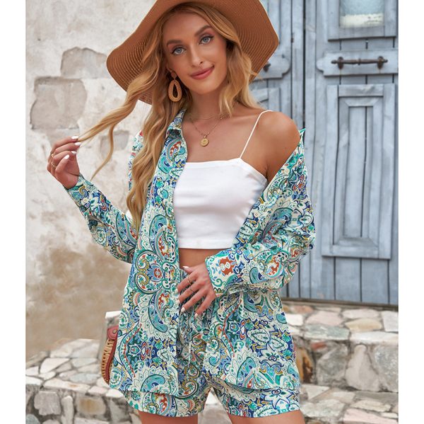 Women Clothing Single Breasted Printed Long Sleeve Shirt Top Two Piece Loose Straight Casual Shorts Suit