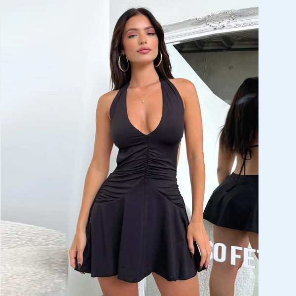 Summer Women Clothing Tied Dress Sexy Deep V Plunge Neck Backless Dress Pleated