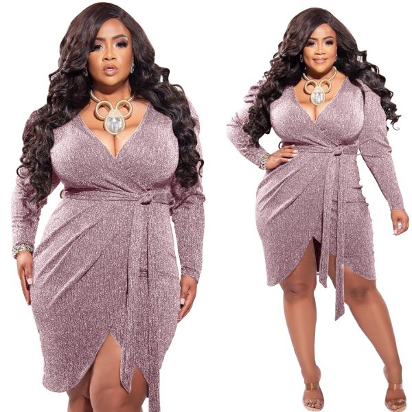 Plus Size Deep V Plunge Plunge Long Sleeve Dress Women Bright Silk Lace-up Sheath Sexy Mini Dress