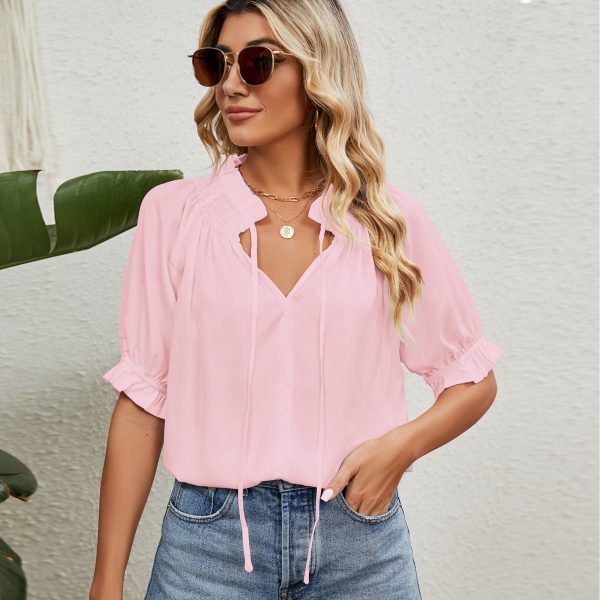 Lace Up Princess Sleeves Pleating Chiffon Blouses Women