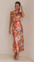 Spring Summer Elegant Retro Printed Sleeveless Halterneck Dress Swing Slit Waist Dress