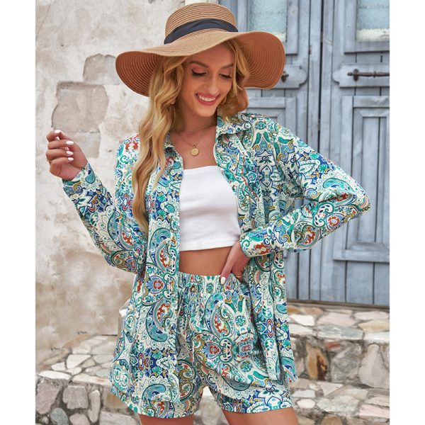 Women Clothing Single Breasted Printed Long Sleeve Shirt Top Two Piece Loose Straight Casual Shorts Suit