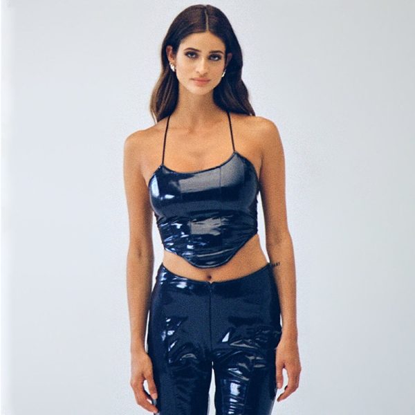 Sexy Solid Color Cropped Backless Faux Leather Camisole Women  Clothing