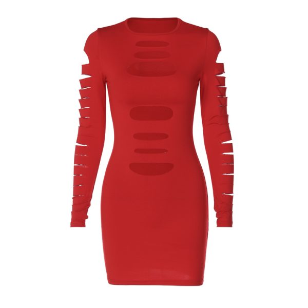 Women Clothing Winter Sexy Hollow Out Cutout Out Ripped Long Sleeve Slim Dress