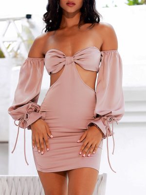 Sexy off the Shoulder Hollow Out Cutout Apricot Long Sleeve Mini Dress