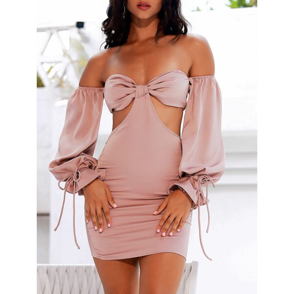 Sexy off the Shoulder Hollow Out Cutout Apricot Long Sleeve Mini Dress