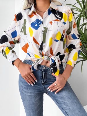 Women  Clothing Collared Print Shirt Long Sleeve Geometric Abstract