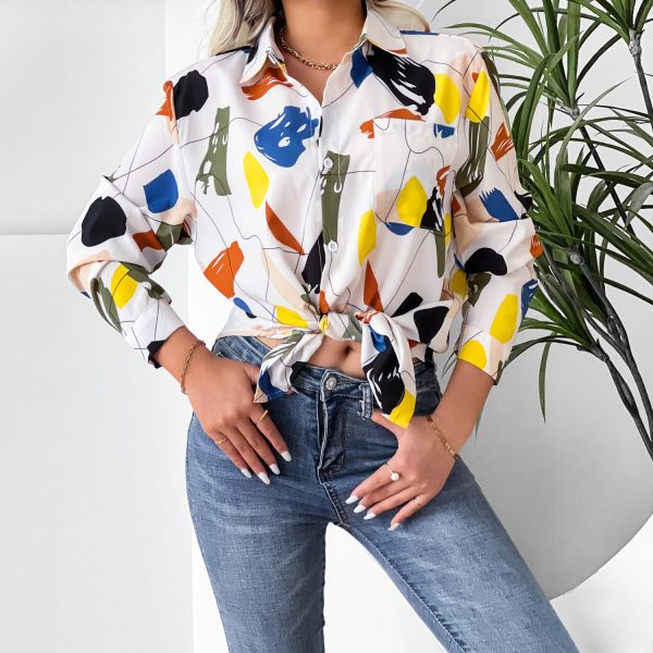 Women  Clothing Collared Print Shirt Long Sleeve Geometric Abstract