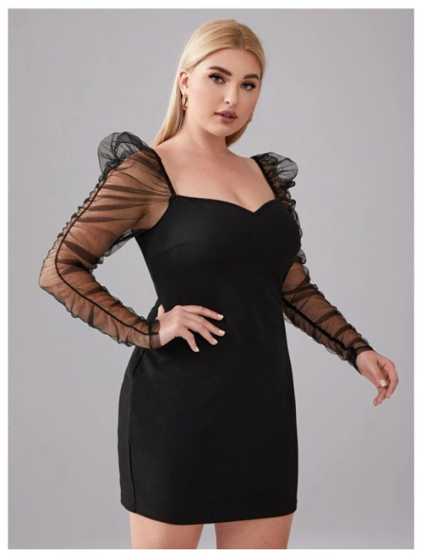 Plus Size Autumn Winter    Women Clothing Personality Sheath Mesh Long Sleeve Dress