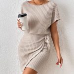 Dress Mid Length Irregular Asymmetric Design Lace up Short Sleeve Loose
