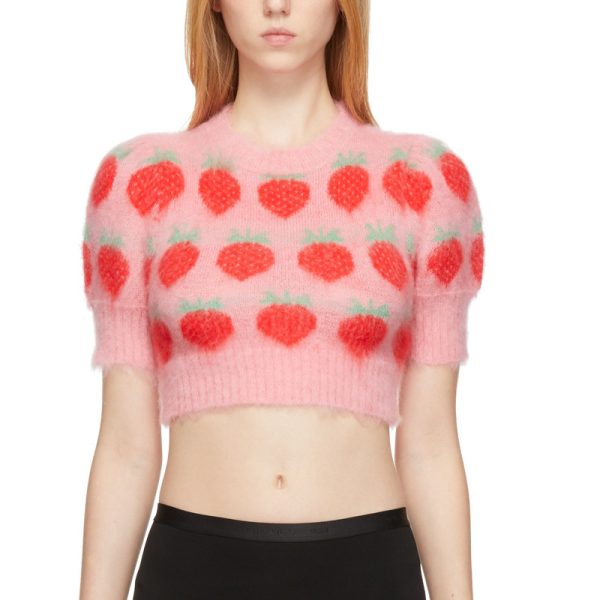 Fall Women Clothing Cropped Strawberry Mohair Short Slim Fit Sweet Knitted Women T shirt Short Sleeve Top