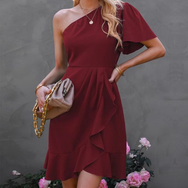 Dress Summer Solid Color Single Side Sleeve Off Shoulder Ruffled Solid Color High Waist Off Shoulder Midi Dress