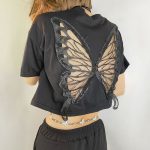 Black Lace Butterfly Exposed Cropped Short T-shirt Fashionable Loose   Hollow Out Cutout Short Sleeve Top