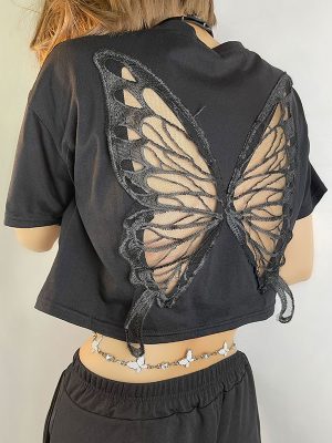 Black Lace Butterfly Exposed Cropped Short T-shirt Fashionable Loose   Hollow Out Cutout Short Sleeve Top