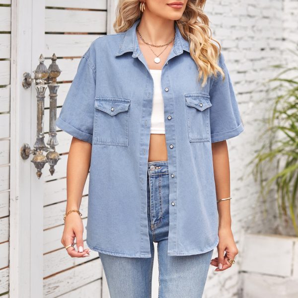 Trade Slimming Denim One Breasted Short Sleeve Casual Shirt Women