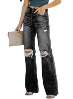 Summer High Waist Water Washed Hole Casual Denim Trousers