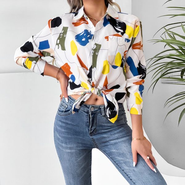 Women  Clothing Collared Print Shirt Long Sleeve Geometric Abstract