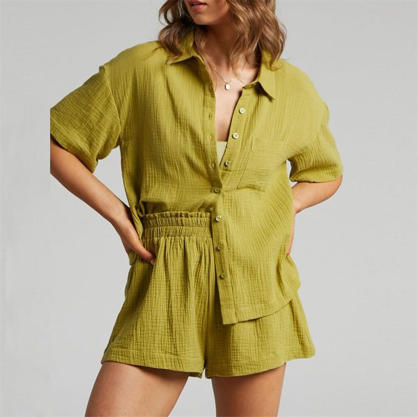 Solid Color Shirt Outfit Women  Casual Loose Short Sleeves Single Breasted Women  Clothing Spring Summer Shorts Two Piece Set