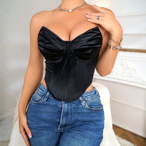 Sexy Pleated V neck Wrapped Chest Slim Fit Slim Backless Boning Corset Bra Women
