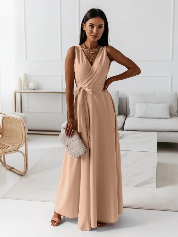 Women Clothing Tied V Neck Evening Party Maxi Dress Women