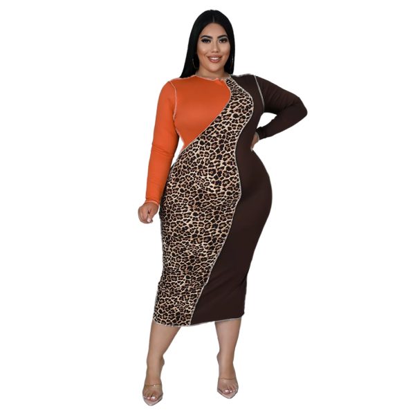 Plus Size Fashion  Women  Nightclub Uniforms Reverse Car Side Leopard Splicing Contrasting-Color Dress