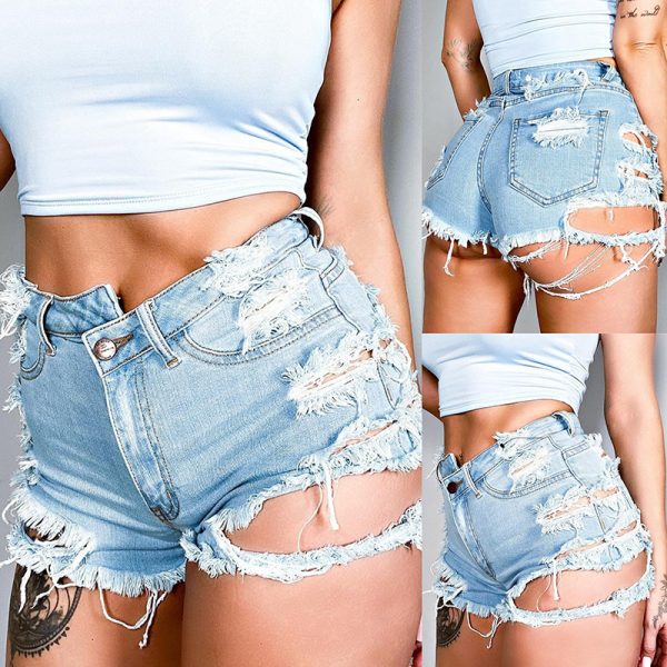 Women Clothing Irregular Asymmetric Tearing Raw Hem Ripped Wish Cowboy Shorts Pants