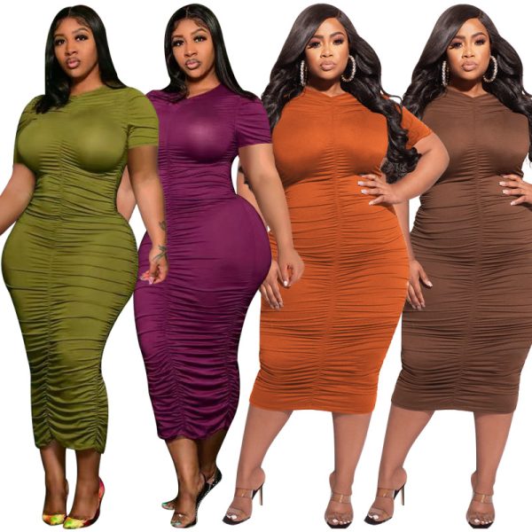 Plus Size Summer Solid Color Pleated Short Sleeves Sexy Tight  Women Dress