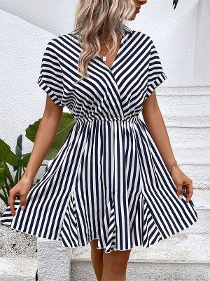 Summer Dress Polo Collar Stripes Shirt Dress