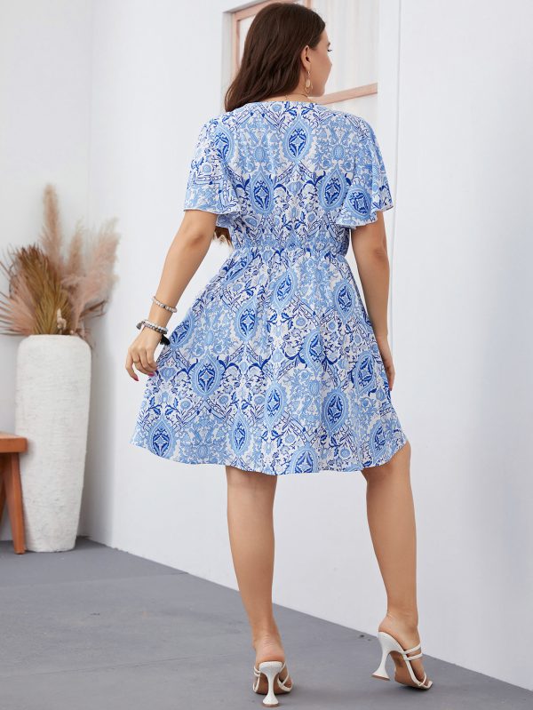 Plus Size Summer Printed Blue Bottoming Hollow Out Cutout over the Knee Office Swing  Dress Elegant Trench Coat