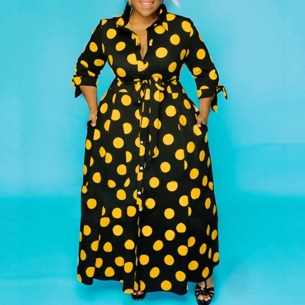 Plus Size Shirt Long Sleeve Dotted Prints Dress