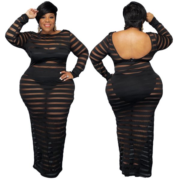 Plus Size Autumn New Sexy Women Clothing Breathable Mesh Stitching Solid Color Dress Nightclub Dress