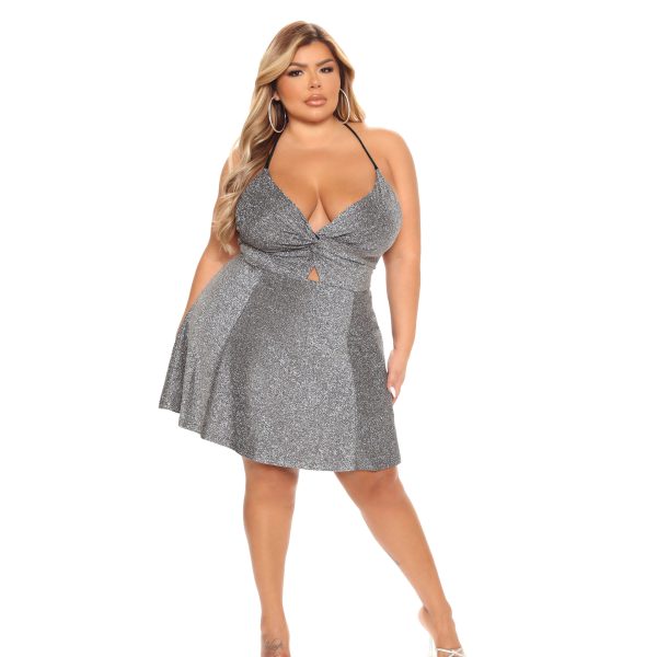 Plus Size Women Clothing  Sexy Strap Dress Lace-up Backless Silver String Short Dress Women