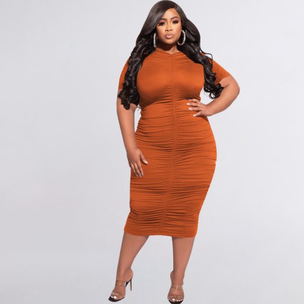 Plus Size Summer Solid Color Pleated Short Sleeves Sexy Tight  Women Dress