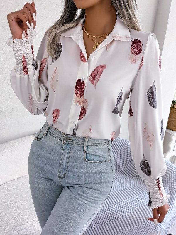 Spring Summer Elegant Feather Lantern Sleeve Collared Shirt Women Clothing